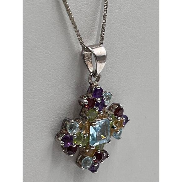 Sterling Silver Multi Color Gemstones Signed Cross Pendant Necklace Garnet Topaz - Picture 4 of 13